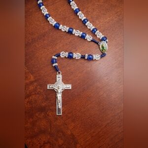 Blue & Clear Beaded Rosary Necklace Silver Crucifix Religious Jewelry